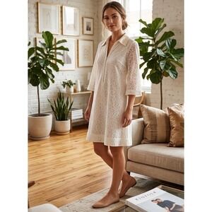 Vintage White Lace House Dress Satin Collar Zip Front Mod Bridal Cottagecore